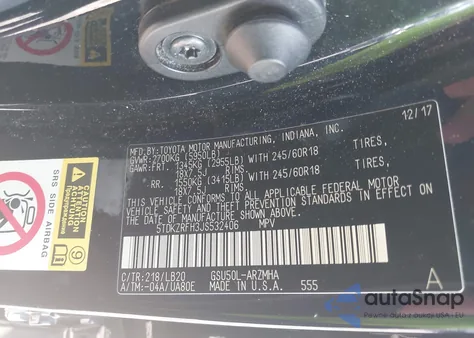 2018 Toyota Highlander Xle from USA, damaged, VIN 5TDKZRFH3JS532406